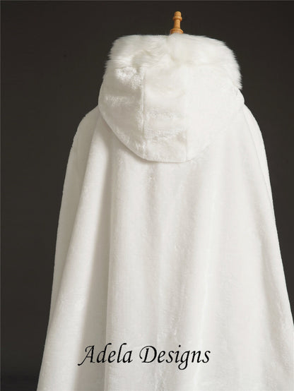 Winter Faux Fur Bridal Cape Wrap Wedding Soft Cover up Ivory With Hood And Train Prom Bridesmaids Bridal Cloak