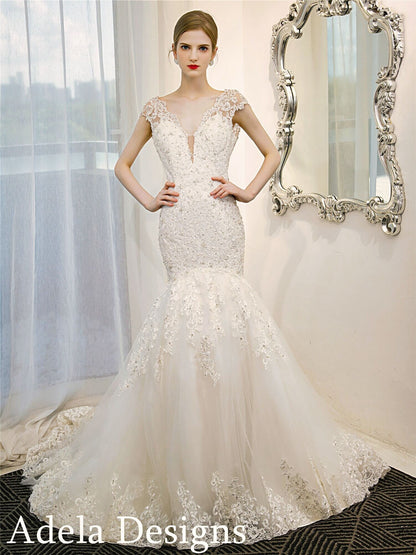 Beaded V Neck Lace Wedding Dress Bridal Gown Mermaid Trumpet with Low Open Back Cap Sleeves