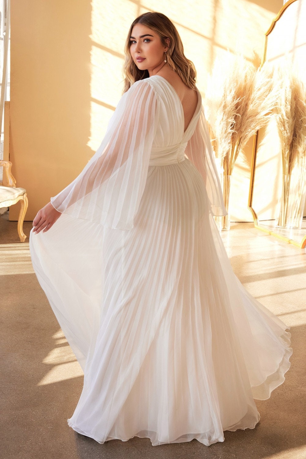 Beautiful Unique Sophisticated Long Wide Sleeve Pleated Chiffon Aline Dress V Neckline Wedding Dress Bridal Gown Open V Shape Back Pleated