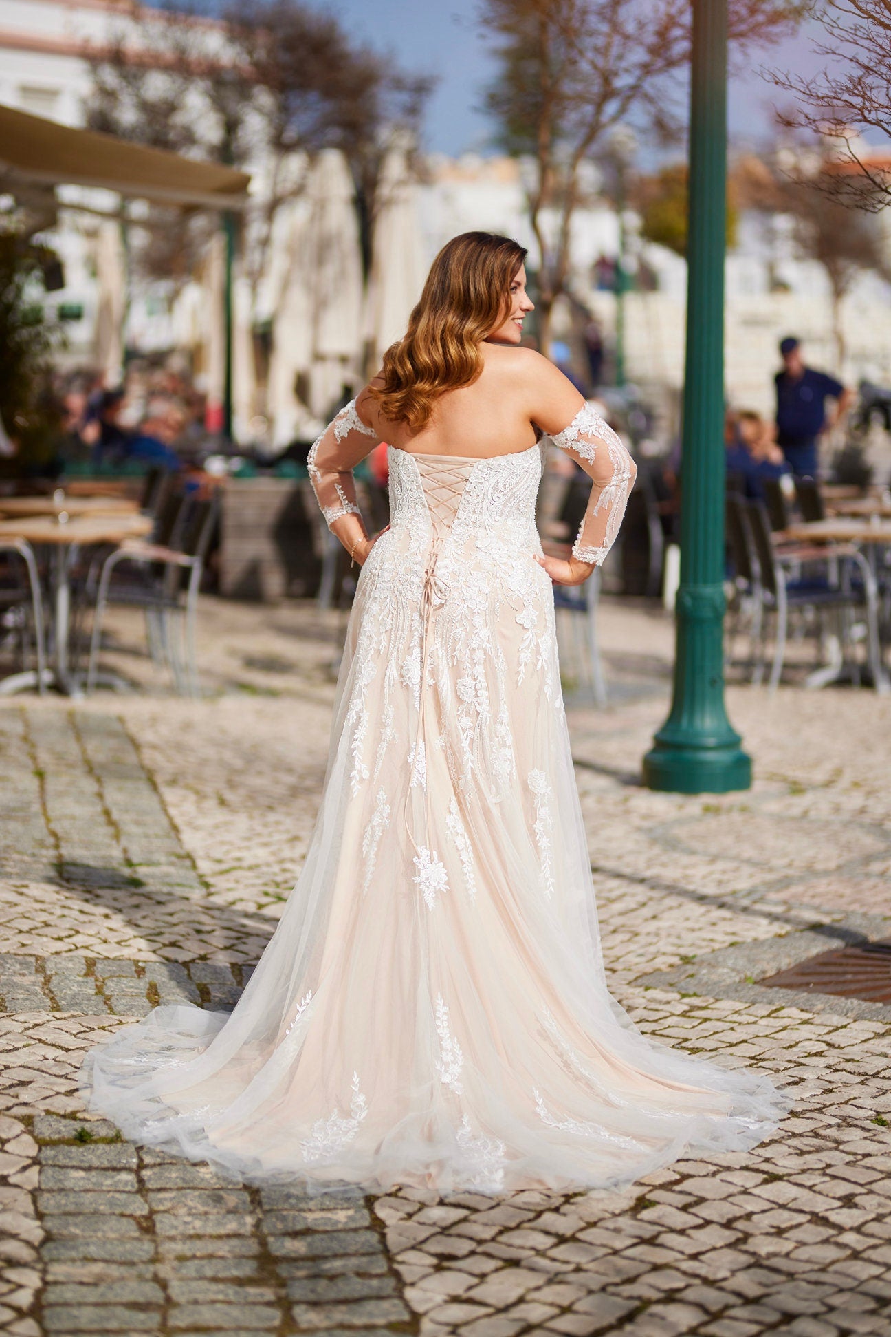 Orlena – Champagne Lace Fit & Flare Wedding Dress – A & M Enterprises Bridal