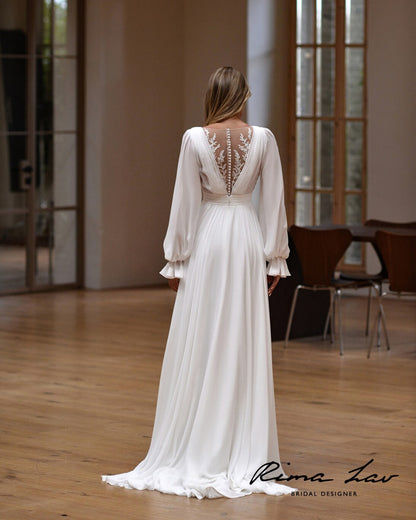 Beautiful Minimalist Long Sleeve Illusion V Neckline Chiffon Wedding Dress Bridal Gowns Plus Size Short Train Simple Classic Design