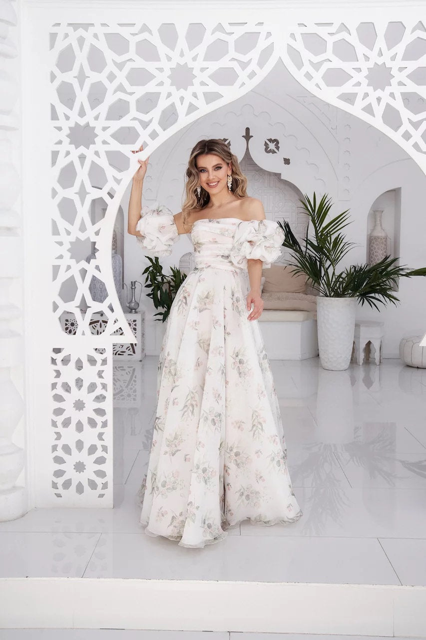 Romantic Floral Print Flower Design Sleeveless Strapless Straight Neckline Aline Wedding Dress Bridal Gown Off White Corset Open Back