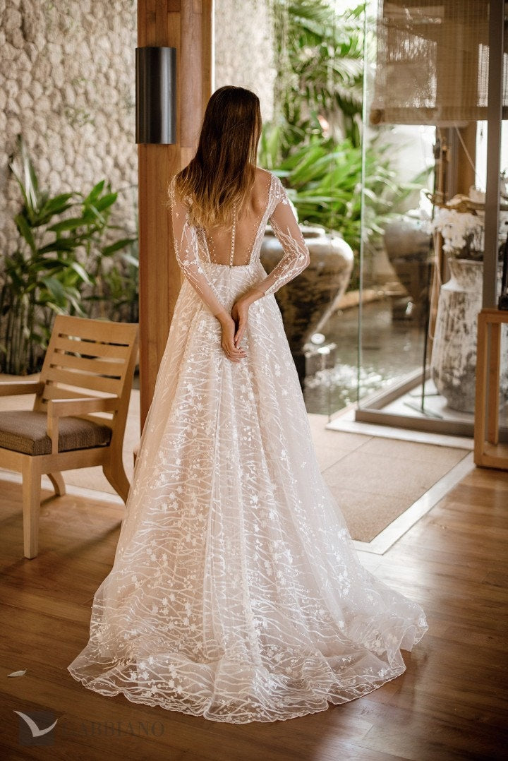 Beautiful Lace Top Long Sleeve Aline Deep V Neckline Wedding Dress Bridal Gown Open Illusion Back with Train Pearl Accents