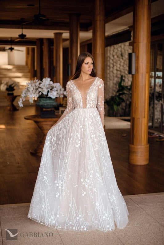 Beautiful Lace Top Long Sleeve Aline Deep V Neckline Wedding Dress Bridal Gown Open Illusion Back with Train Pearl Accents