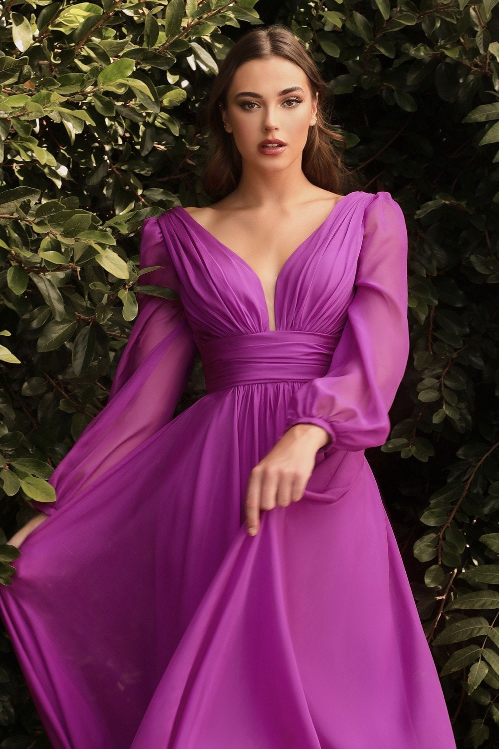 Beautiful Unique Long Sleeve Chiffon Aline Dress Wide V Neckline Prom Formal Gown Bridesmaid Dress Open Back