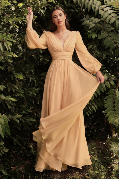 Beautiful Unique Long Sleeve Chiffon Aline Dress Wide V Neckline Prom Formal Gown Bridesmaid Dress Open Back