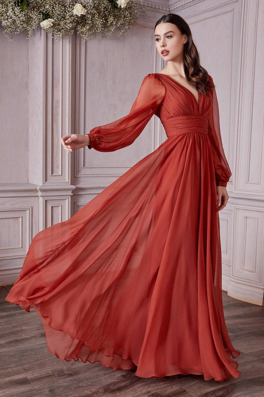 Beautiful Unique Long Sleeve Chiffon Aline Dress Wide V Neckline Prom Formal Gown Bridesmaid Dress Open Back