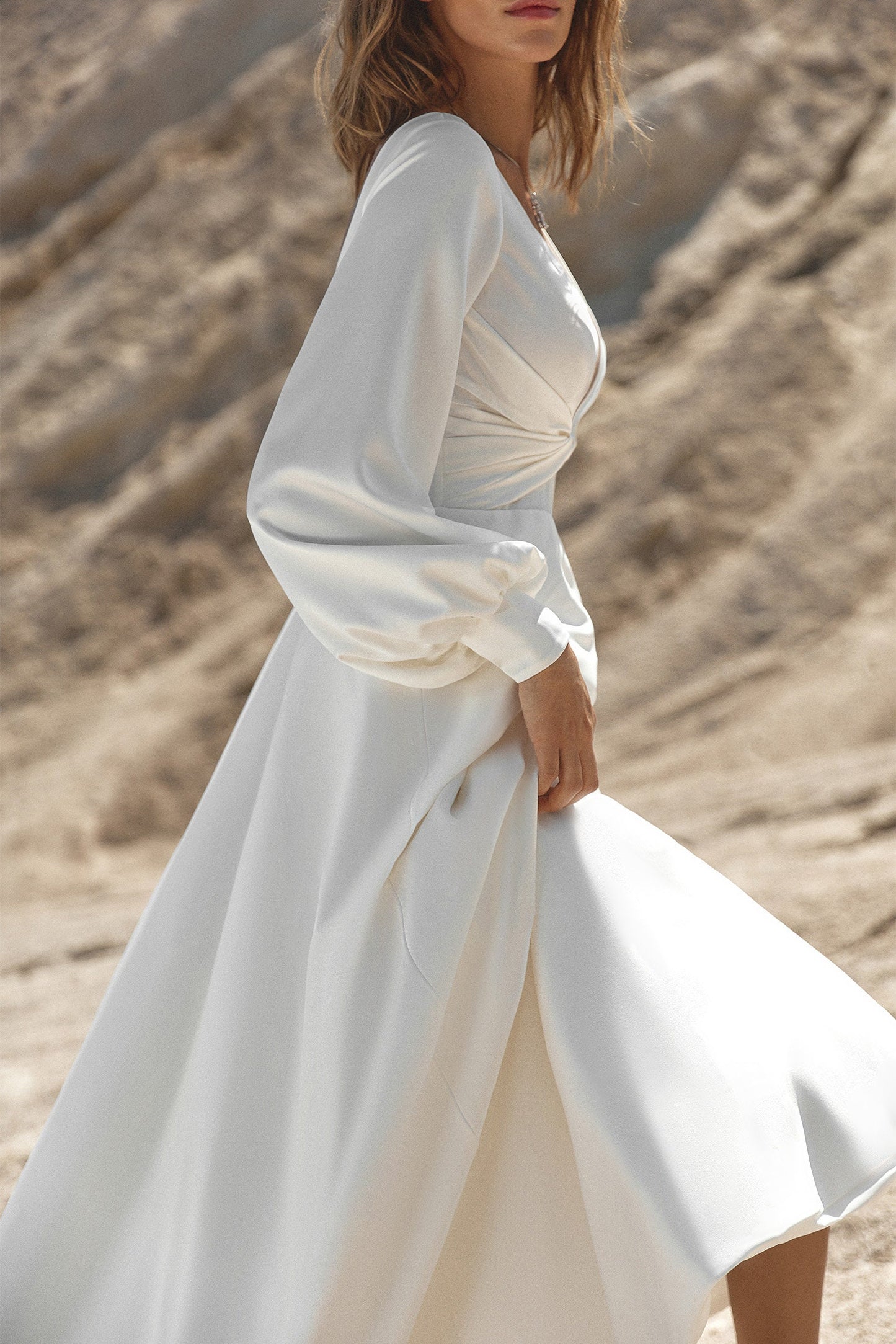 Simple Classic V Neckline Wedding Dress Bridal Gown Open Back Aline Dress Train Modern Design Minimalist Style Long Bishop Sleeves Cuffs