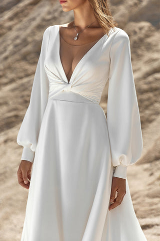 Simple Classic V Neckline Wedding Dress Bridal Gown Open Back Aline Dress Train Modern Design Minimalist Style Long Bishop Sleeves Cuffs