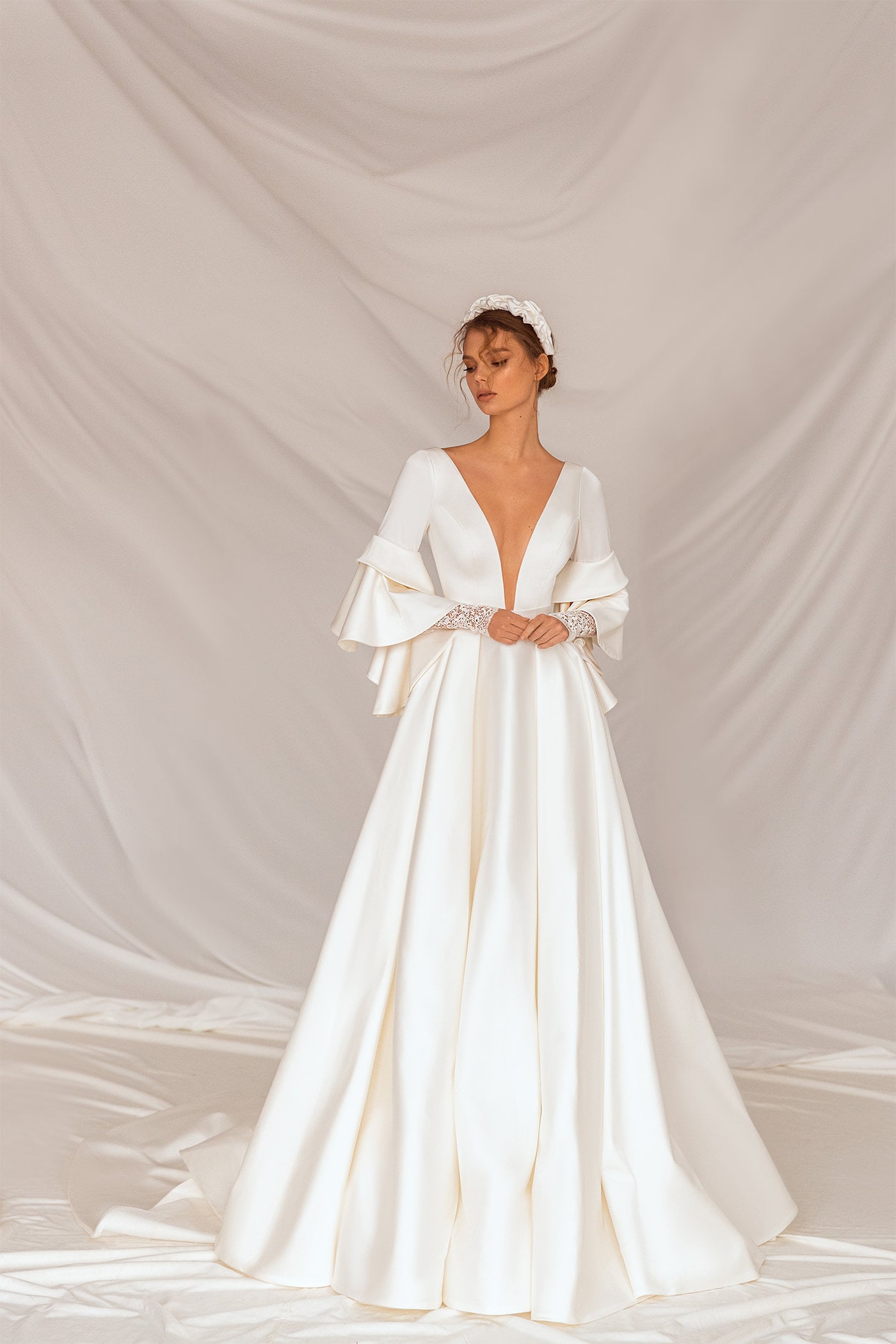 Beautiful Unique Wide Deep V Neckline Long Wide Sleeve Open V Back Wedding Dress Bridal Gown Long Train Zipper Back Minimalist Lace Sleeve