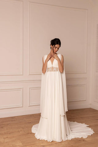 Beautiful Unique Greek Style V Neckline Sleeveless Detachable Wings Open V Back Wedding Dress Bridal Gown Long Train Zipper Back Aline