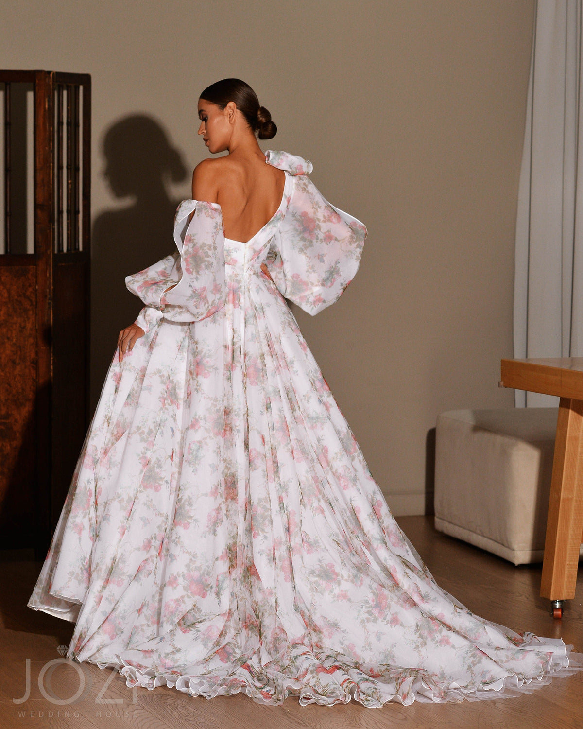 Floral Print ALine Asymmetrical Off The Shoulder Long Sleeve Open Back Wedding Dress Bridal Gown Side Thigh Slit with Train Unique