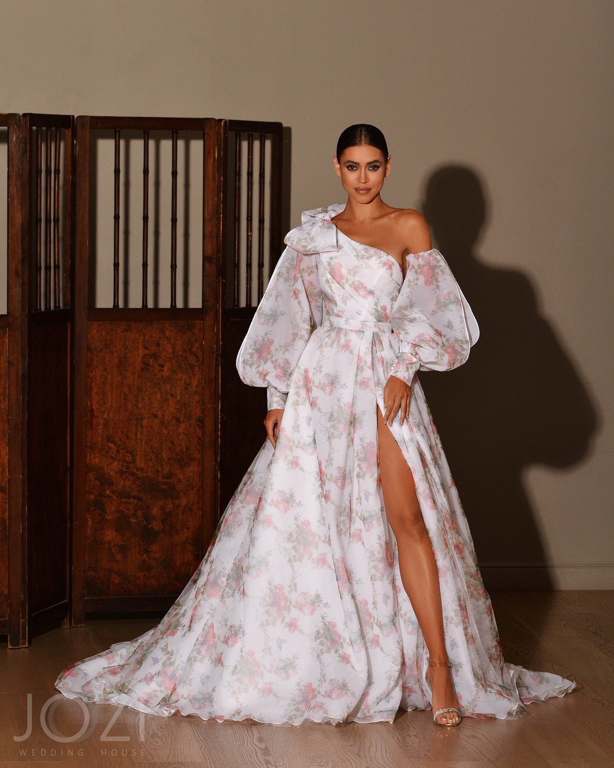 Floral Print ALine Asymmetrical Off The Shoulder Long Sleeve Open Back Wedding Dress Bridal Gown Side Thigh Slit with Train Unique