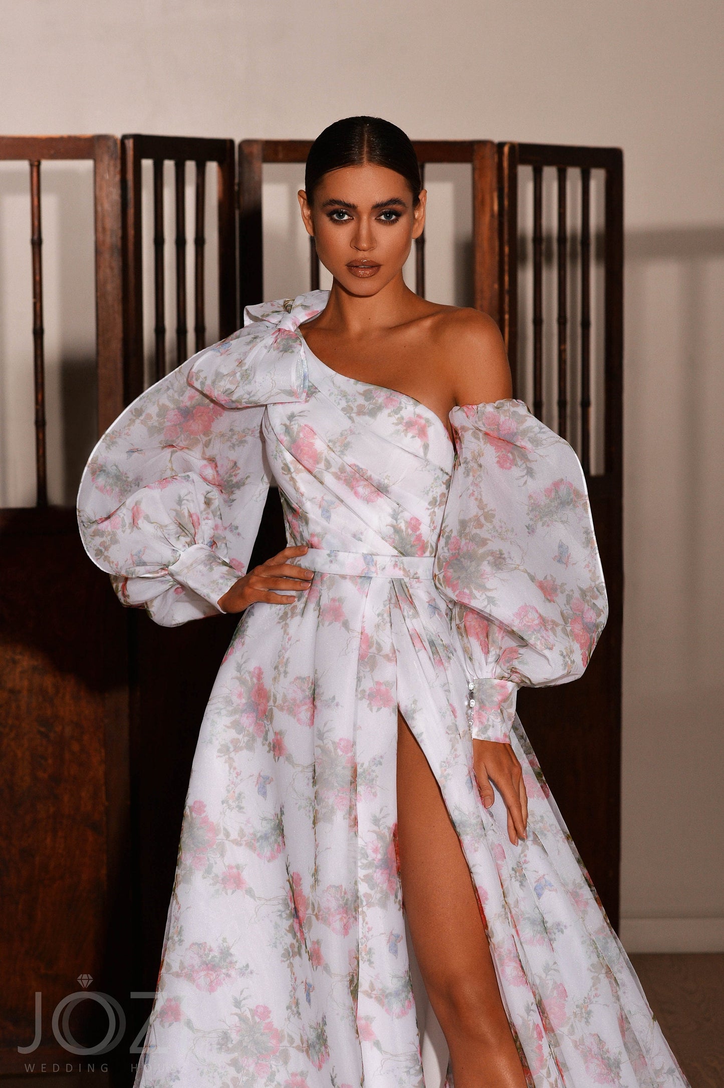 Floral Print ALine Asymmetrical Off The Shoulder Long Sleeve Open Back Wedding Dress Bridal Gown Side Thigh Slit with Train Unique