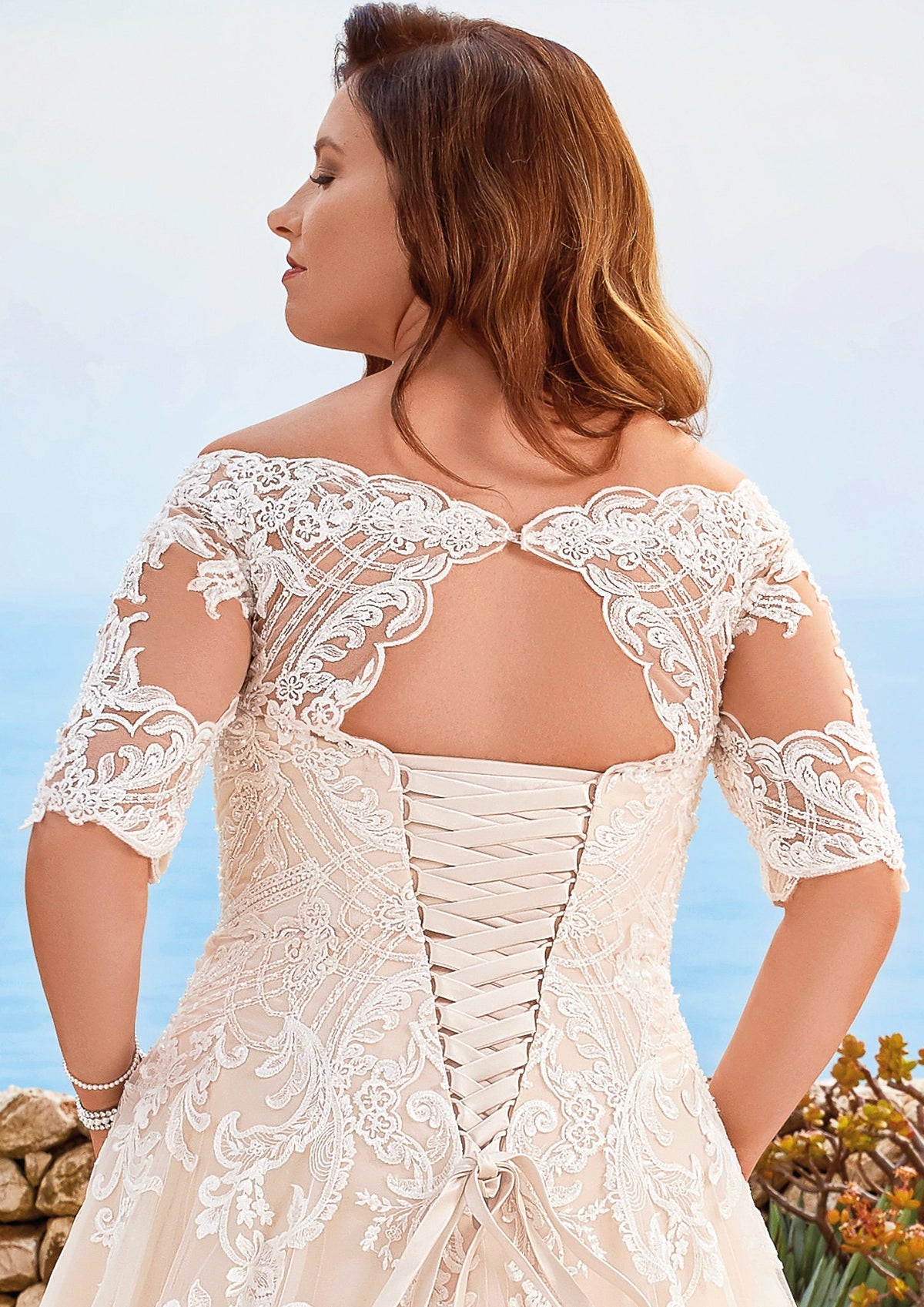 Classic Lace Bodice Short Sleeve Off The Shoulder Neckline Aline Wedding Dress Bridal Gown Ivory Blush Lace Up Corset Romantic Design