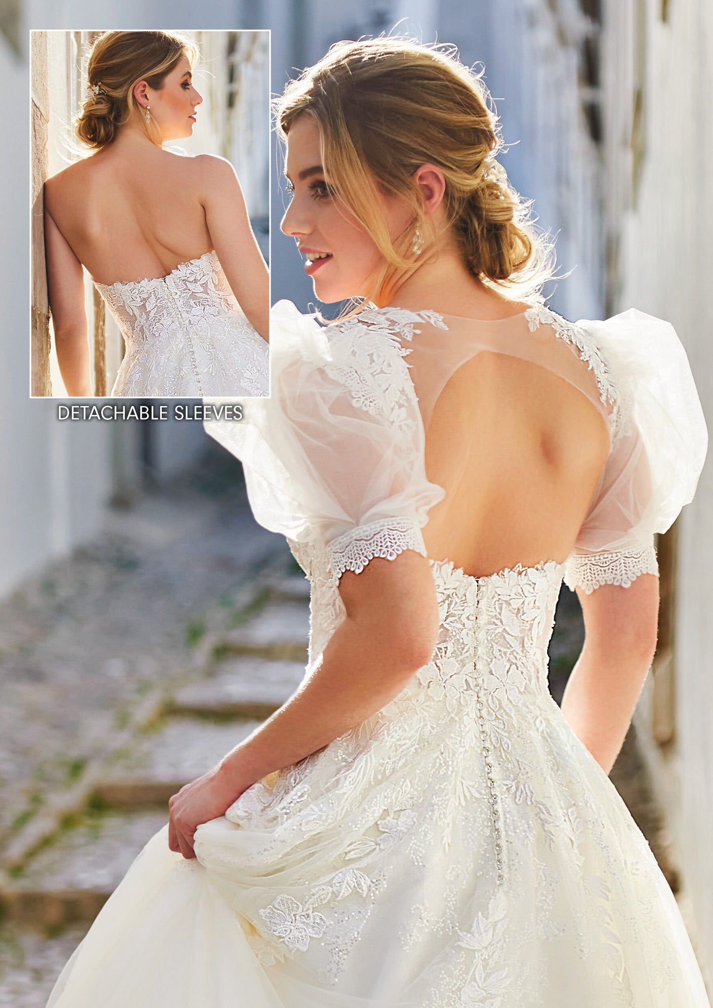 Romantic Aline Sweetheart Neckline Wedding Dress Bridal Gown Open V Back Tulle Skirt with Train Sleeveless Strapless Detachable Puff Sleeves