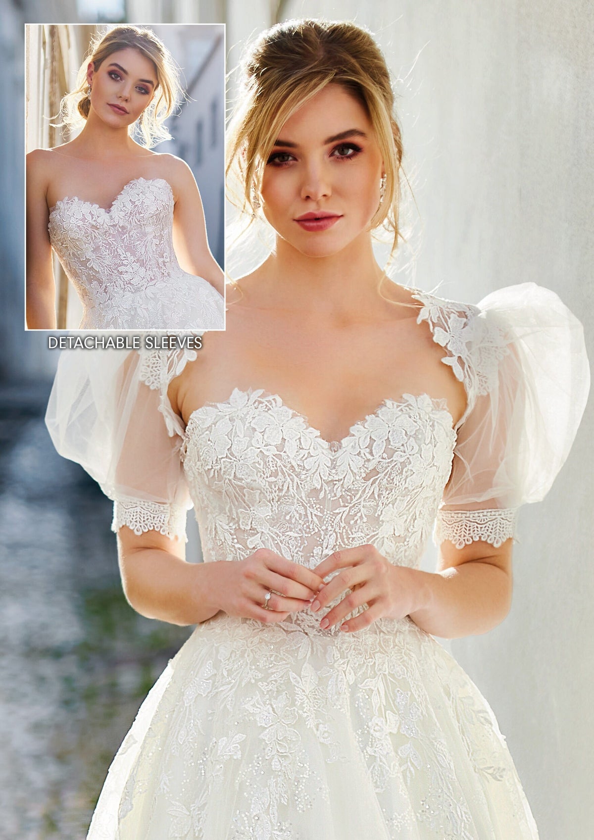 Romantic Aline Sweetheart Neckline Wedding Dress Bridal Gown Open V Back Tulle Skirt with Train Sleeveless Strapless Detachable Puff Sleeves