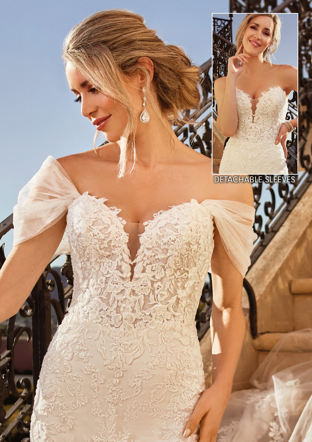 Luxurious Fit and Flare Detachable Off the Shoulder Sleeves Sweetheart Neckline Wedding Dress Bridal Gown Open Back Long Train Strapless