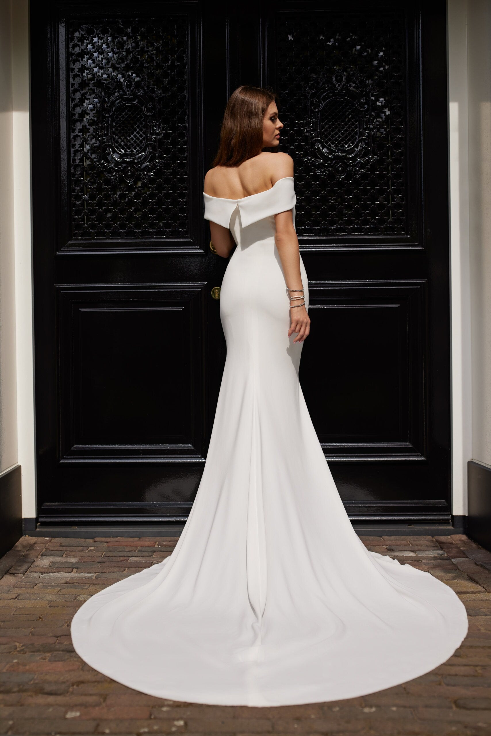 Isabella Off Shoulder Fit & Flare Crepe Wedding Dress A & M Enterprises Bridal Isabella Off Shoulder Fit & Flare Crepe Wedding Dress A & M Enterprises Bridal