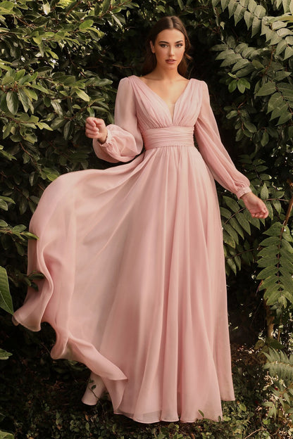 Beautiful Unique Long Sleeve Chiffon Aline Dress Wide V Neckline Prom Formal Gown Bridesmaid Dress Open Back