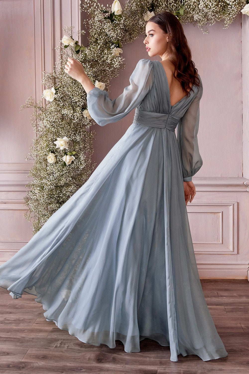 Beautiful Unique Long Sleeve Chiffon Aline Dress Wide V Neckline Prom Formal Gown Bridesmaid Dress Open Back