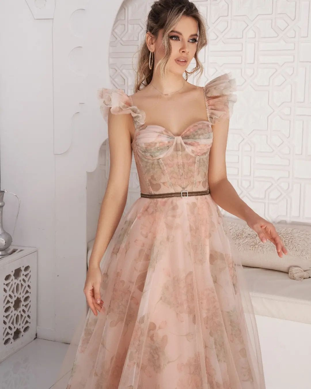 Romantic Floral Print Flower Design Bustier Aline Wedding Dress Bridal Gown Sweetheart Neckline Sleeveless Pink Corset Open Back Straps