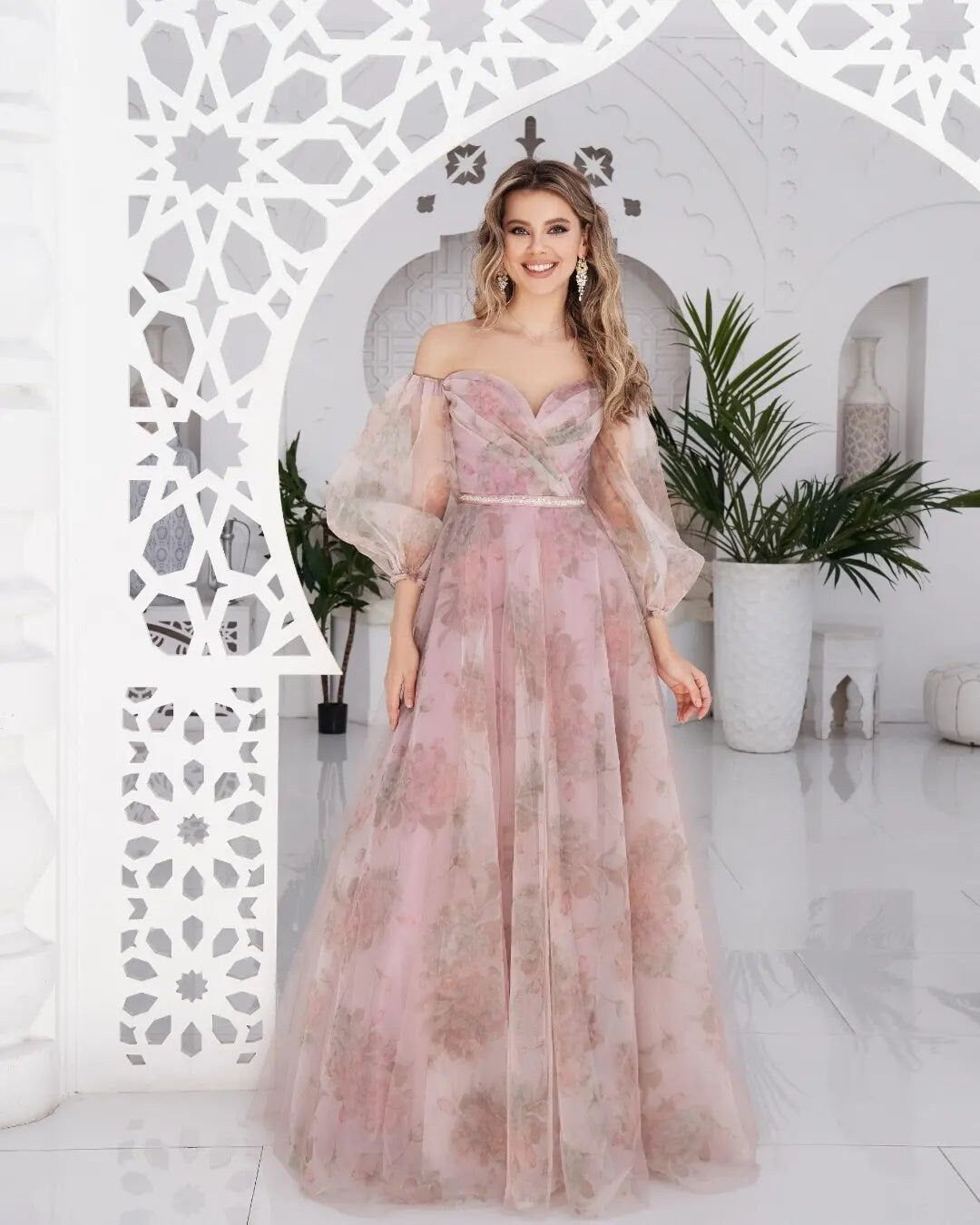 Romantic Floral Print Flower Design Off the Shoulder Aline Wedding Dress Bridal Gown V Neckline Long Sleeve Pink Corset Open Back