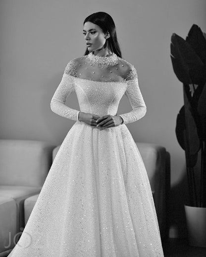 Beautiful Sparkle Unique Design High Collar Neckline Illusion Off The Shoulder Long Bracelet Sleeve Aline Wedding Dress Bridal Gown Train