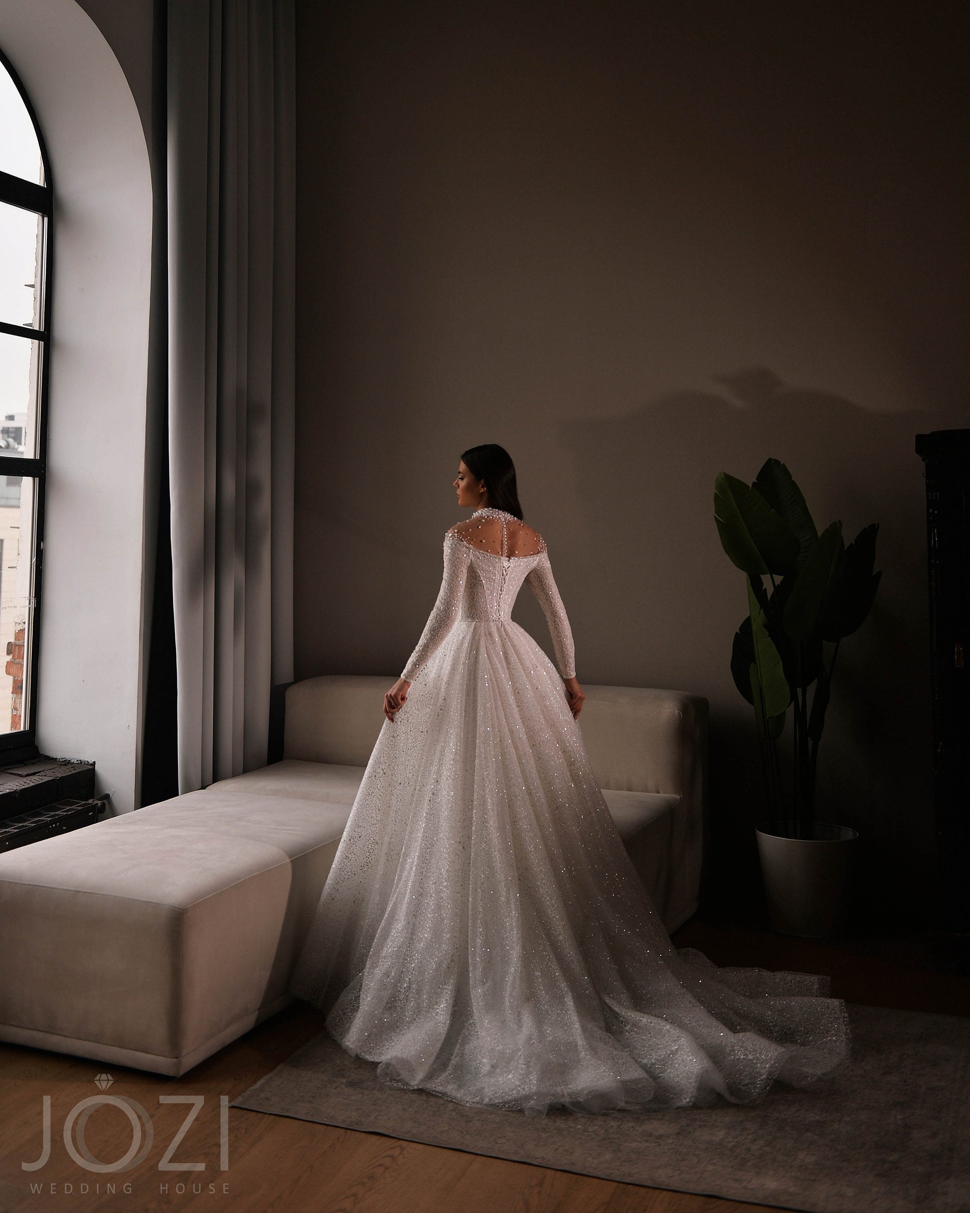 Beautiful Sparkle Unique Design High Collar Neckline Illusion Off The Shoulder Long Bracelet Sleeve Aline Wedding Dress Bridal Gown Train