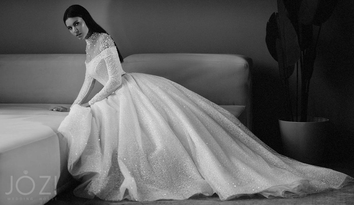 Beautiful Sparkle Unique Design High Collar Neckline Illusion Off The Shoulder Long Bracelet Sleeve Aline Wedding Dress Bridal Gown Train