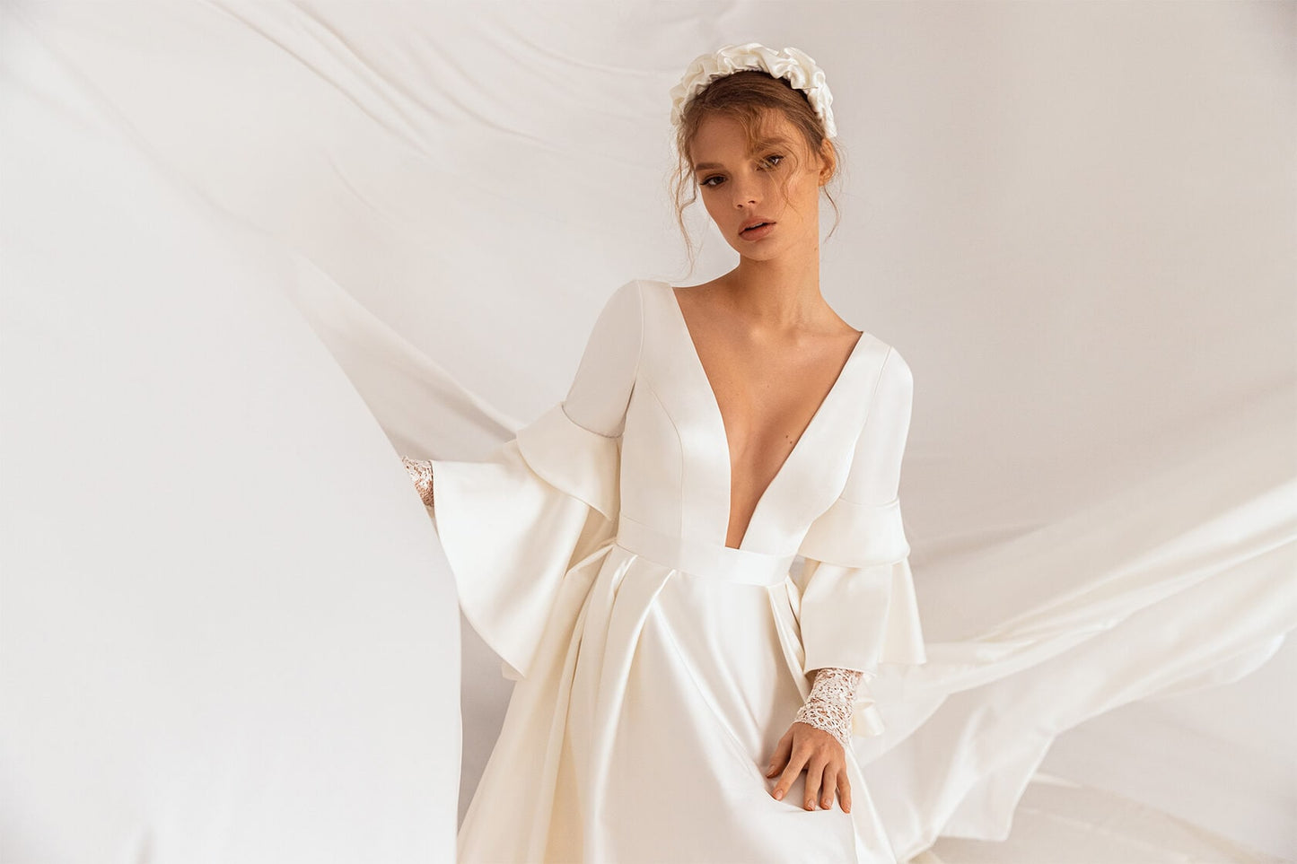 Beautiful Unique Wide Deep V Neckline Long Wide Sleeve Open V Back Wedding Dress Bridal Gown Long Train Zipper Back Minimalist Lace Sleeve