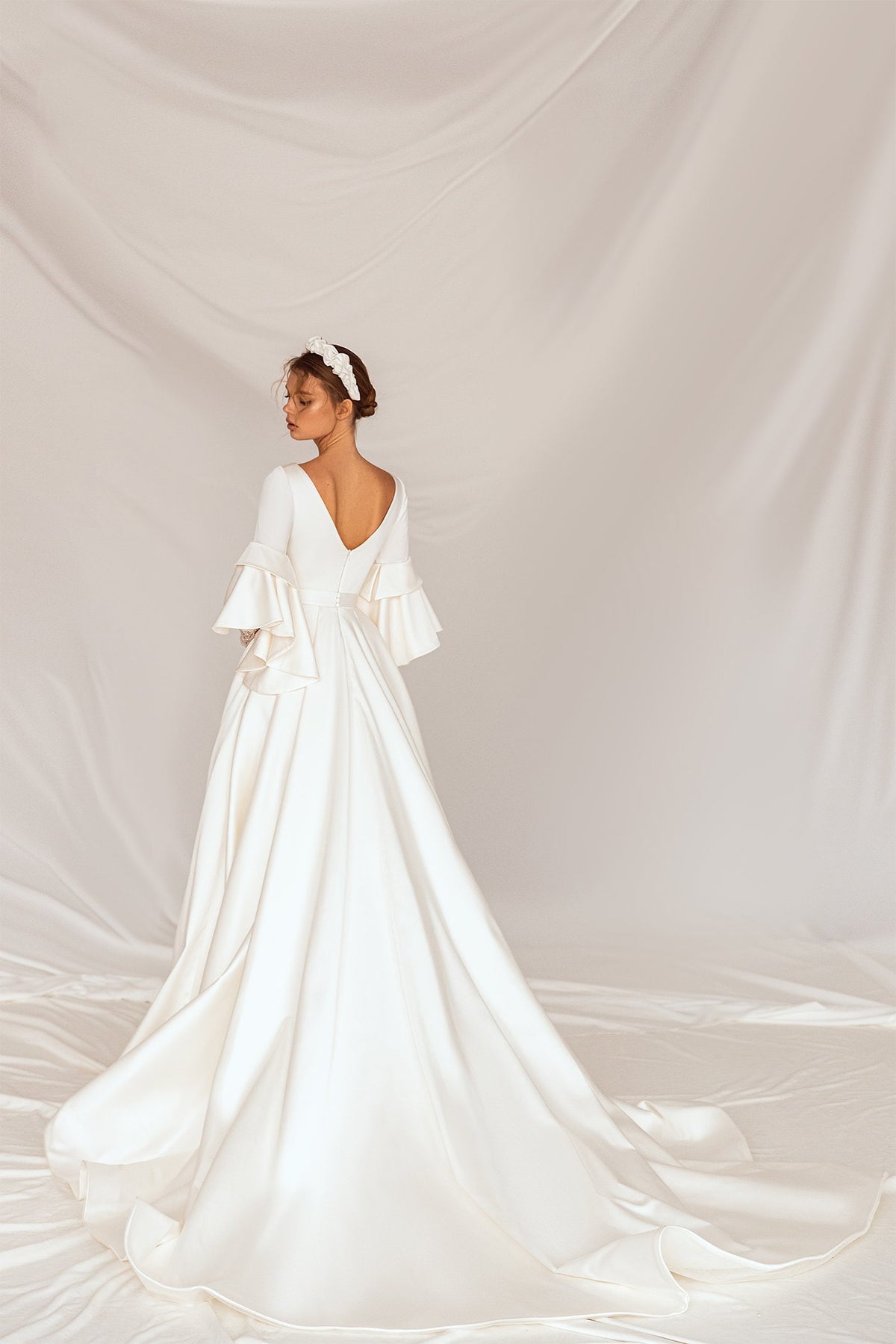 Beautiful Unique Wide Deep V Neckline Long Wide Sleeve Open V Back Wedding Dress Bridal Gown Long Train Zipper Back Minimalist Lace Sleeve