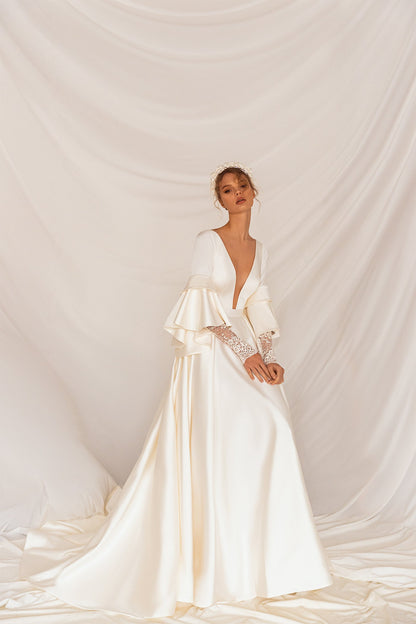 Beautiful Unique Wide Deep V Neckline Long Wide Sleeve Open V Back Wedding Dress Bridal Gown Long Train Zipper Back Minimalist Lace Sleeve