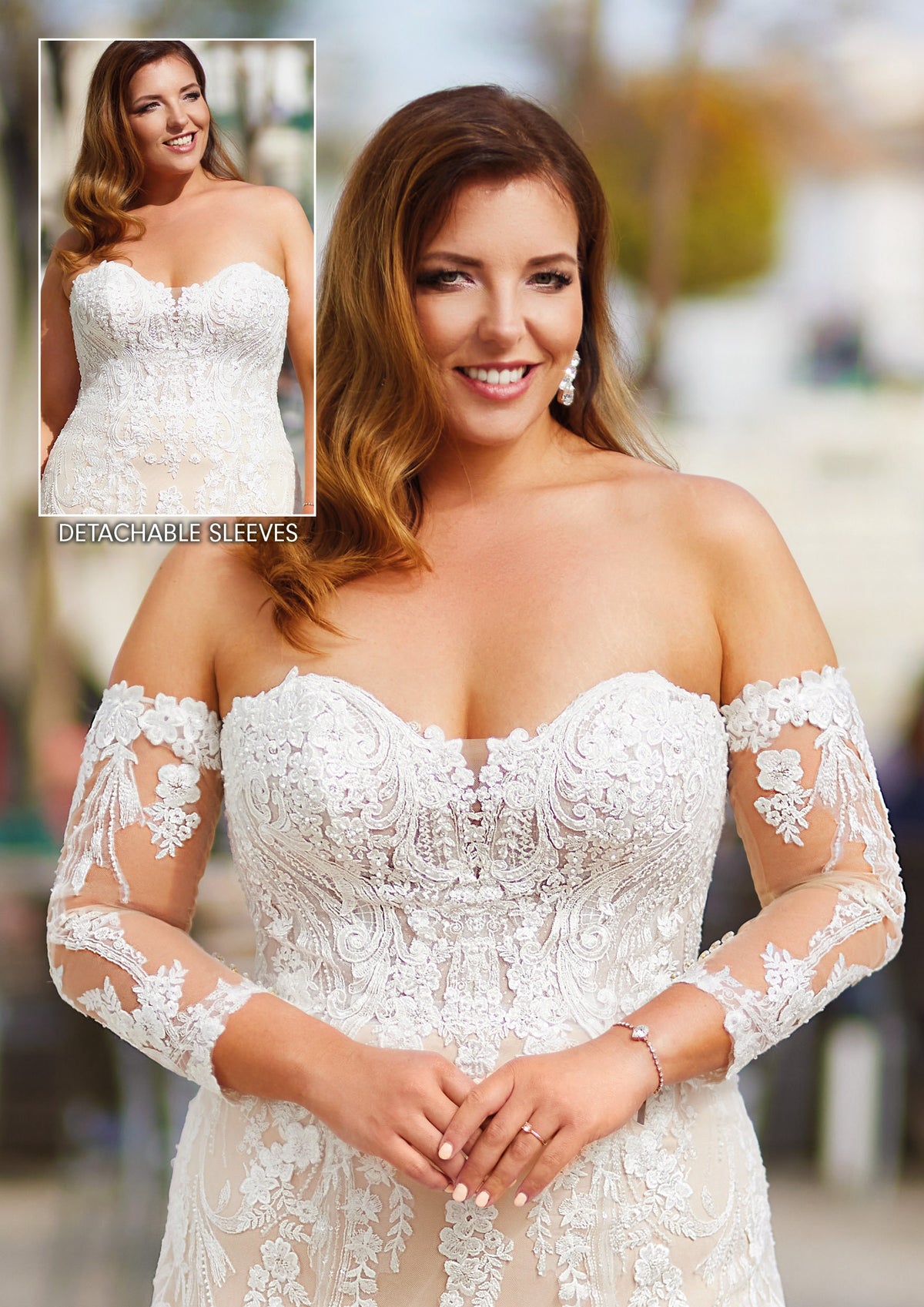 Beautiful Boho Fit and Flare Detachable Illusion Lace Sleeves Sweetheart Neckline Wedding Dress Bridal Gown Open Back Train Strapless