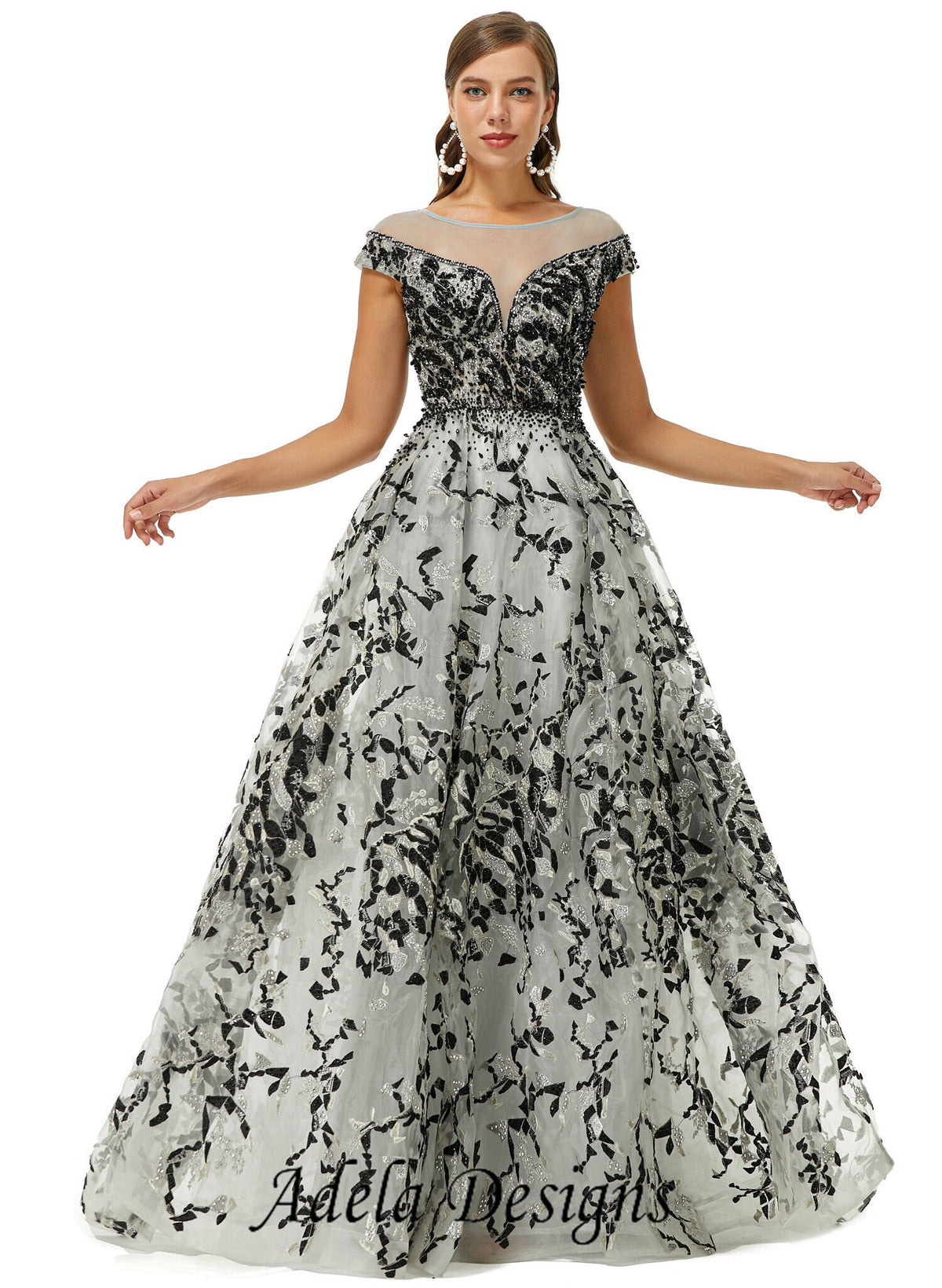 Unique Style Jewel Neckline Lace Long Illusion Off the Shoulder Cap Sleeve Aline Prom Dress Black and Silver Sparkle Plus Size