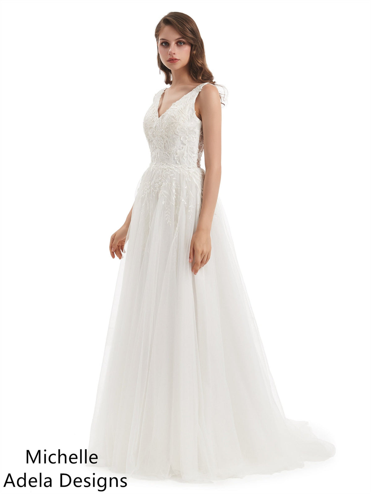 Aline Lace Tulle V Neck Summer Wedding Dress Bridal Gown Open Back Sleeveless Classic Quick Ship Plus Size