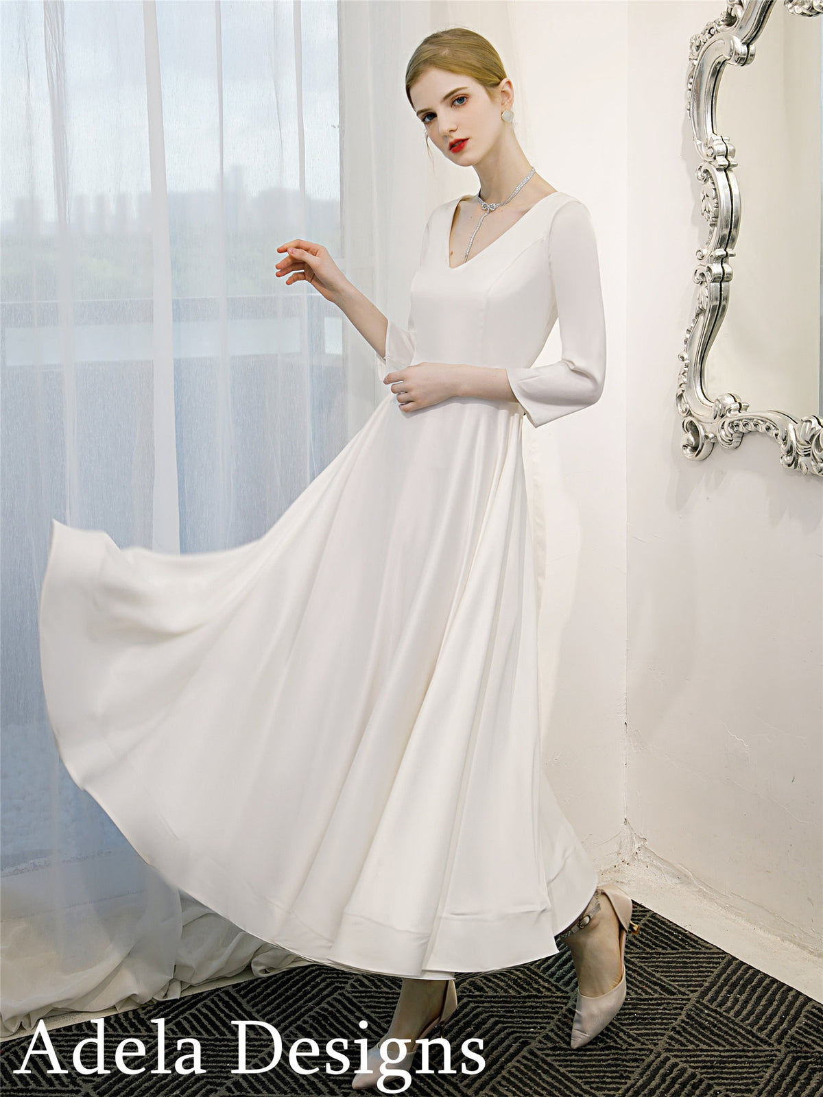 Simple Soft Satin Tea Length Wedding Dress Bridal Gown 3/4 Sleeves Short Dress Ivory Off White Color Sample Quick Ship Size 4 Pockets