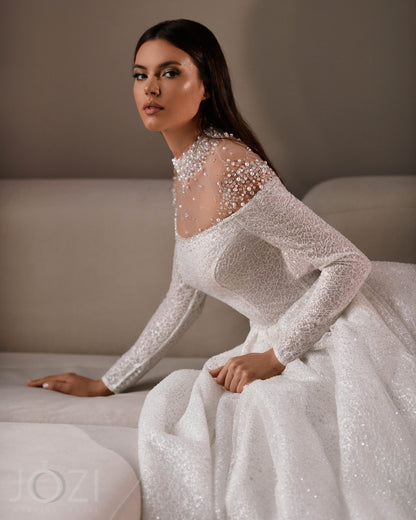 Beautiful Sparkle Unique Design High Collar Neckline Illusion Off The Shoulder Long Bracelet Sleeve Aline Wedding Dress Bridal Gown Train