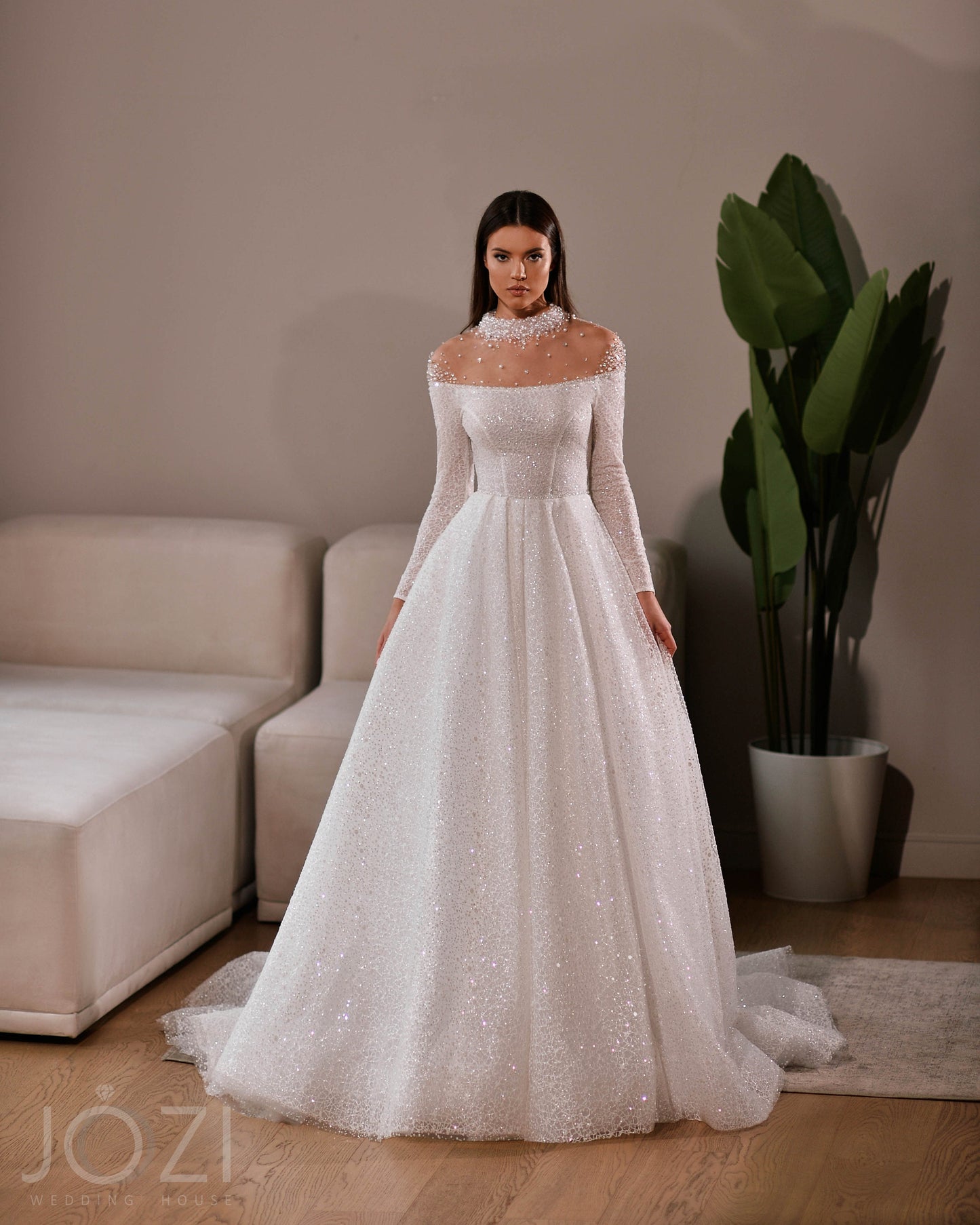 Beautiful Sparkle Unique Design High Collar Neckline Illusion Off The Shoulder Long Bracelet Sleeve Aline Wedding Dress Bridal Gown Train