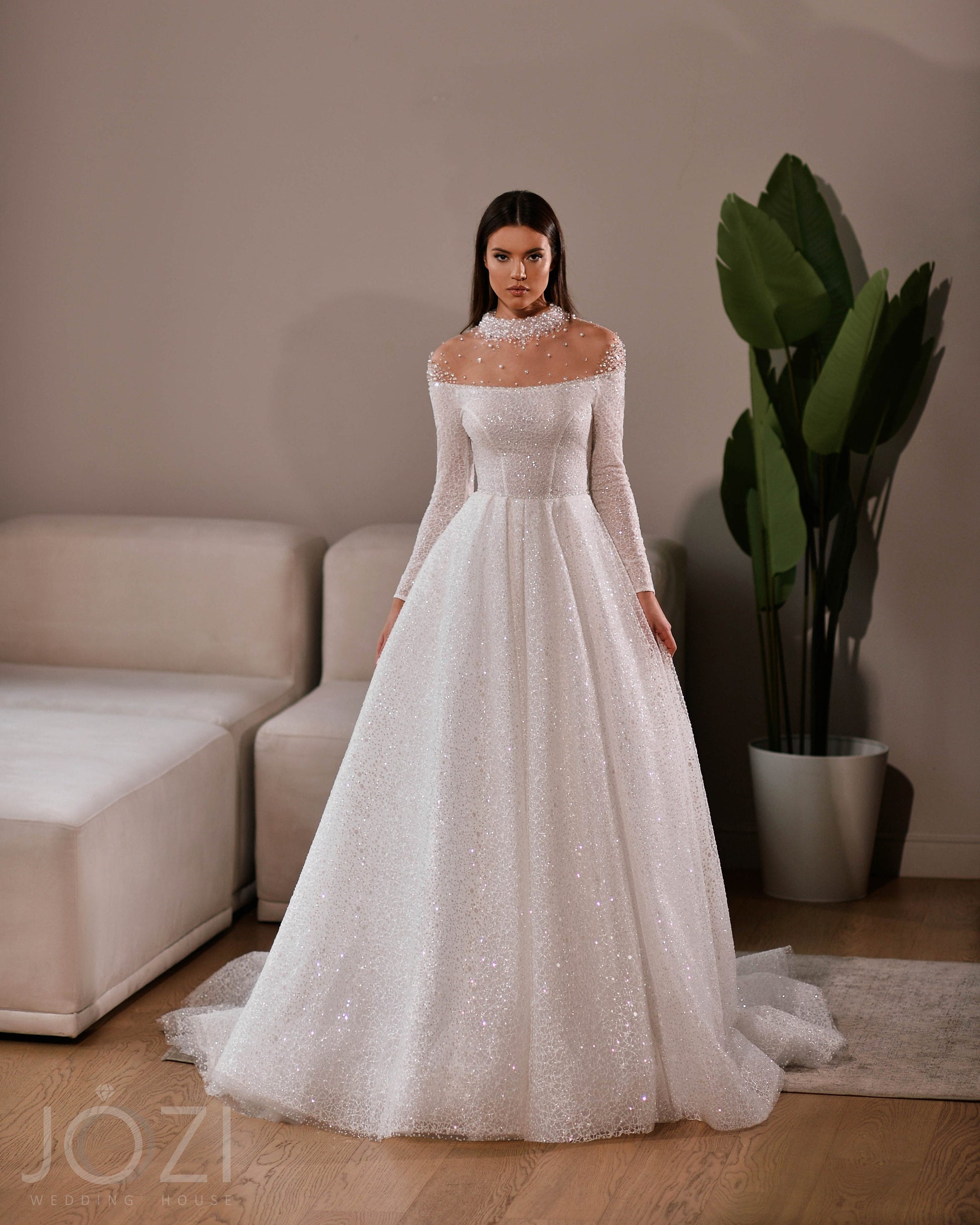 Beautiful Sparkle Unique Design High Collar Neckline Illusion Off The Shoulder Long Bracelet Sleeve Aline Wedding Dress Bridal Gown Train