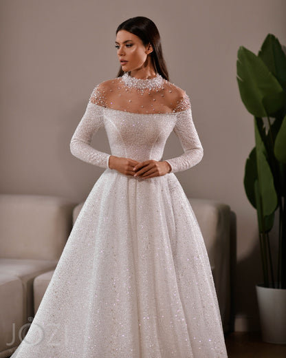 Beautiful Sparkle Unique Design High Collar Neckline Illusion Off The Shoulder Long Bracelet Sleeve Aline Wedding Dress Bridal Gown Train