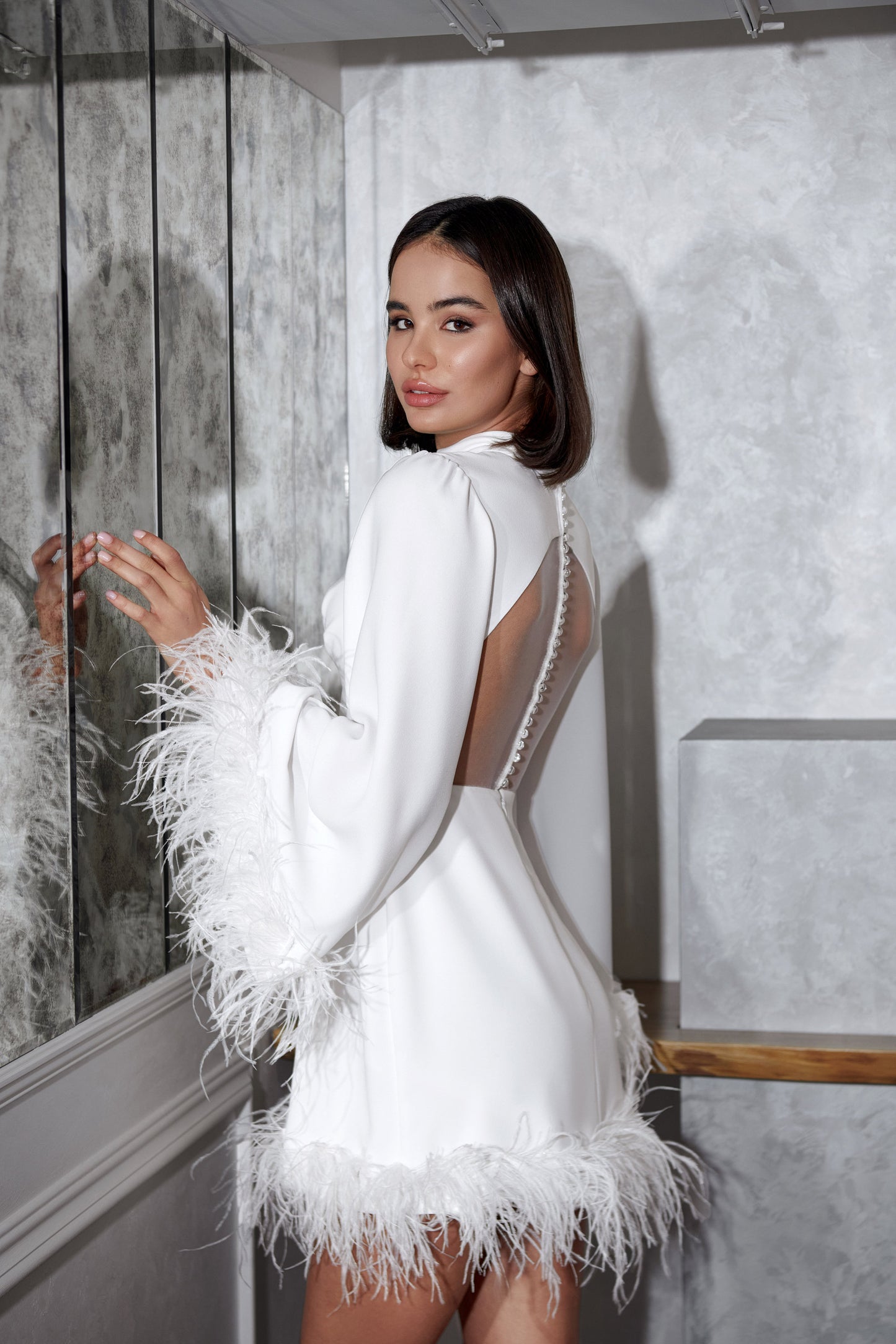 60's Mod Mini High Collar Long Bell Sleeve Feathers Wedding Dress Bridal Gown Rehearsal Dinner Reception Elopement Dress Short Unique Design