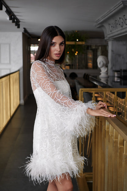 60's Mod Mini High Collar Long Bell Sleeve Feathers Wedding Dress Bridal Gown Rehearsal Dinner Reception Elopement Dress Short Unique Design