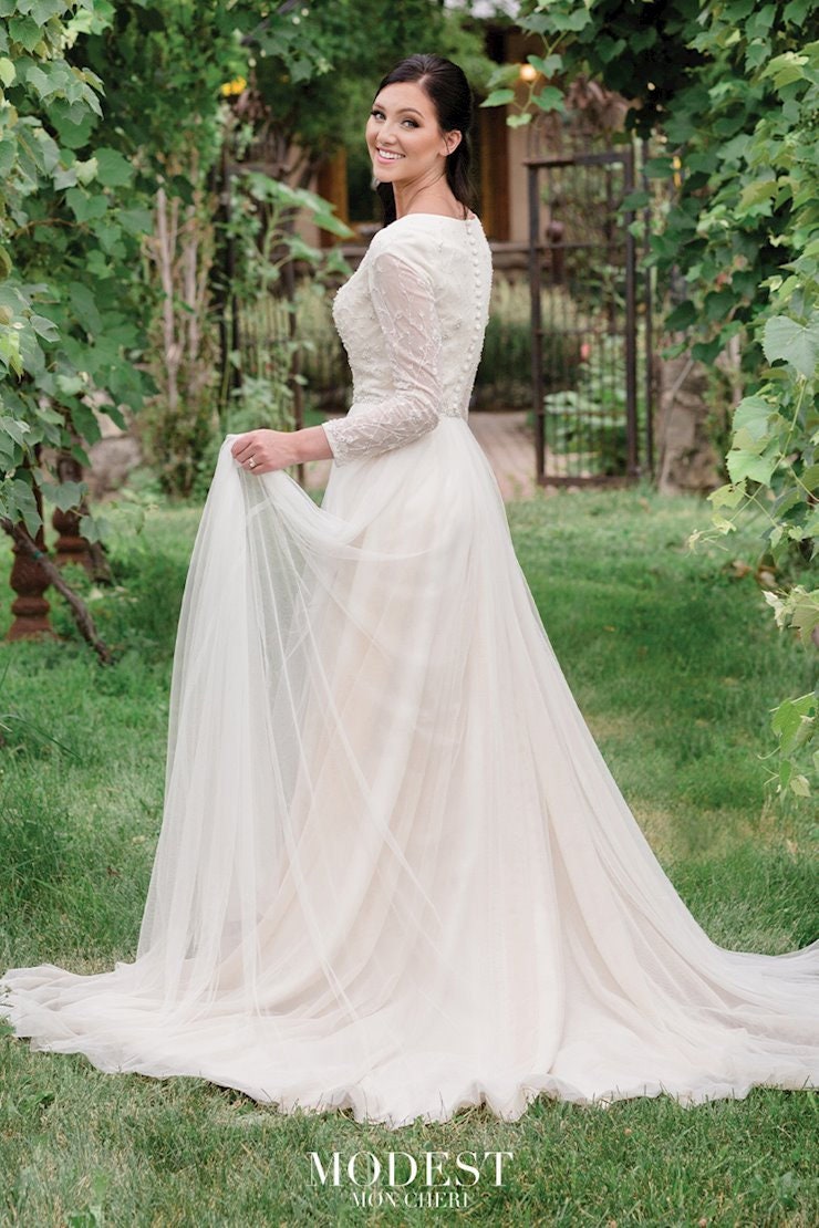 Beautiful Modest Cap Sleeve Long Illusion Sleeve Covered Back V Neckline Wedding Dress Bridal Gown Chapel Train LDS Fast Wedding Size 12