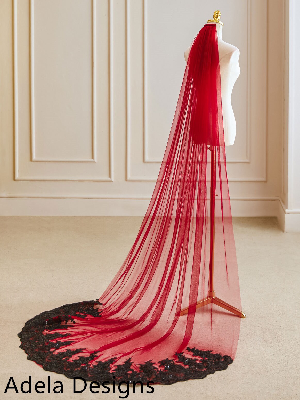 Bridal Veils Lace Edge Tulle Wedding Veil Red Black 6.5 Feet Long