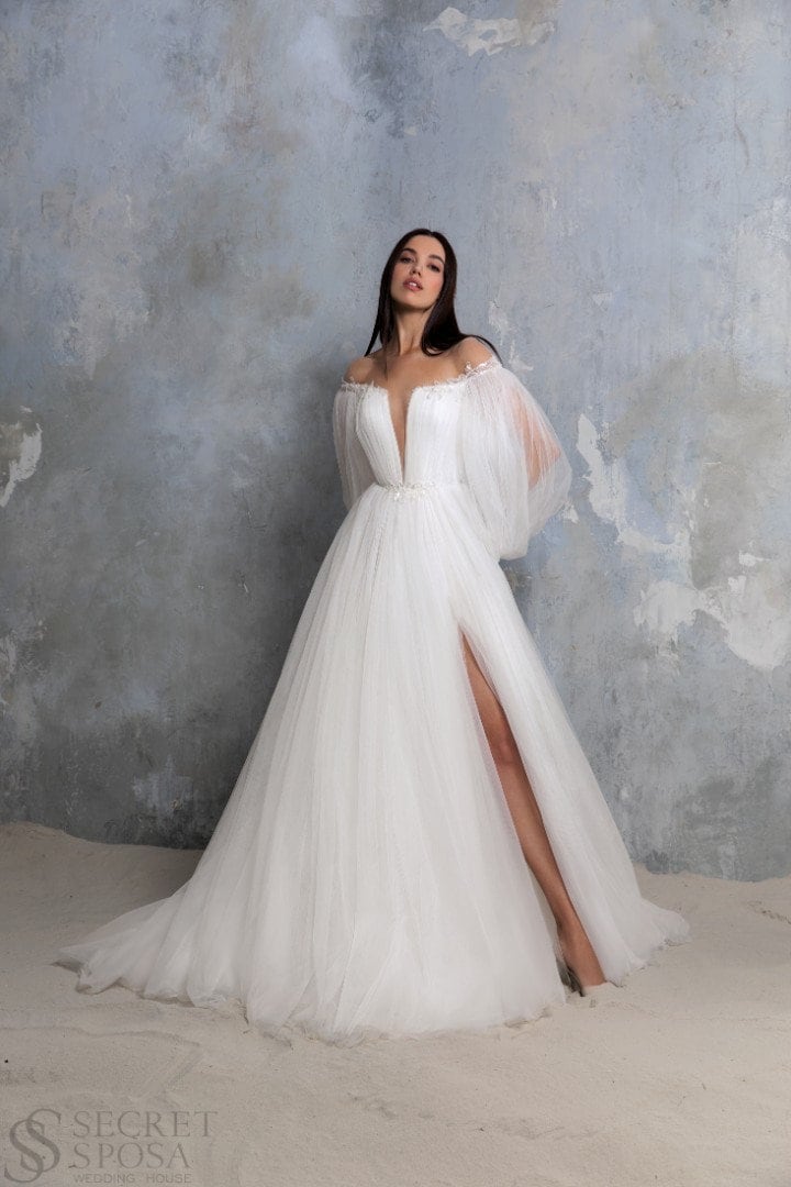 Romantic Illusion Off the Shoulder Puff Bishop Sleeves Deep V Neckline Corset Top Wedding Dress Bridal Gown ALine Side Slit Sparkle Lace
