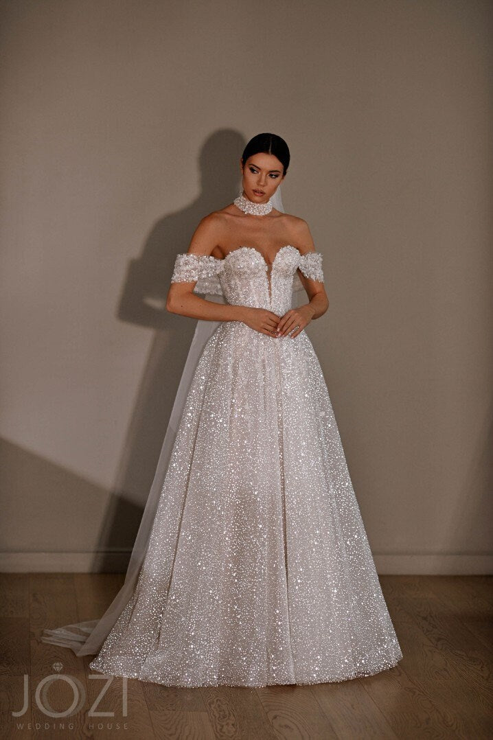 Off The Shoulder Plunging V Neckline Open Back Aline Glitter Sparkle Wedding Dress Bridal Gown Light Catching Unique Design Sexy with Train