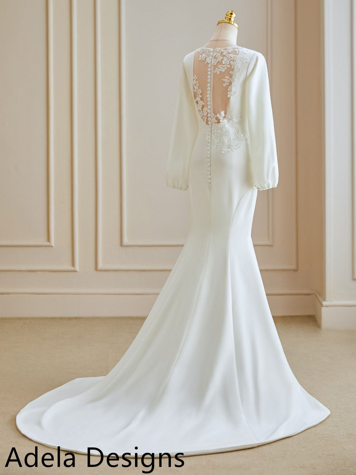 Crepe Fit And Flare Long Bishop Sleeves Simple Bridal Gown Wedding Dress Lace Back Buttons Plus Size Sexy Neckline Minimalist