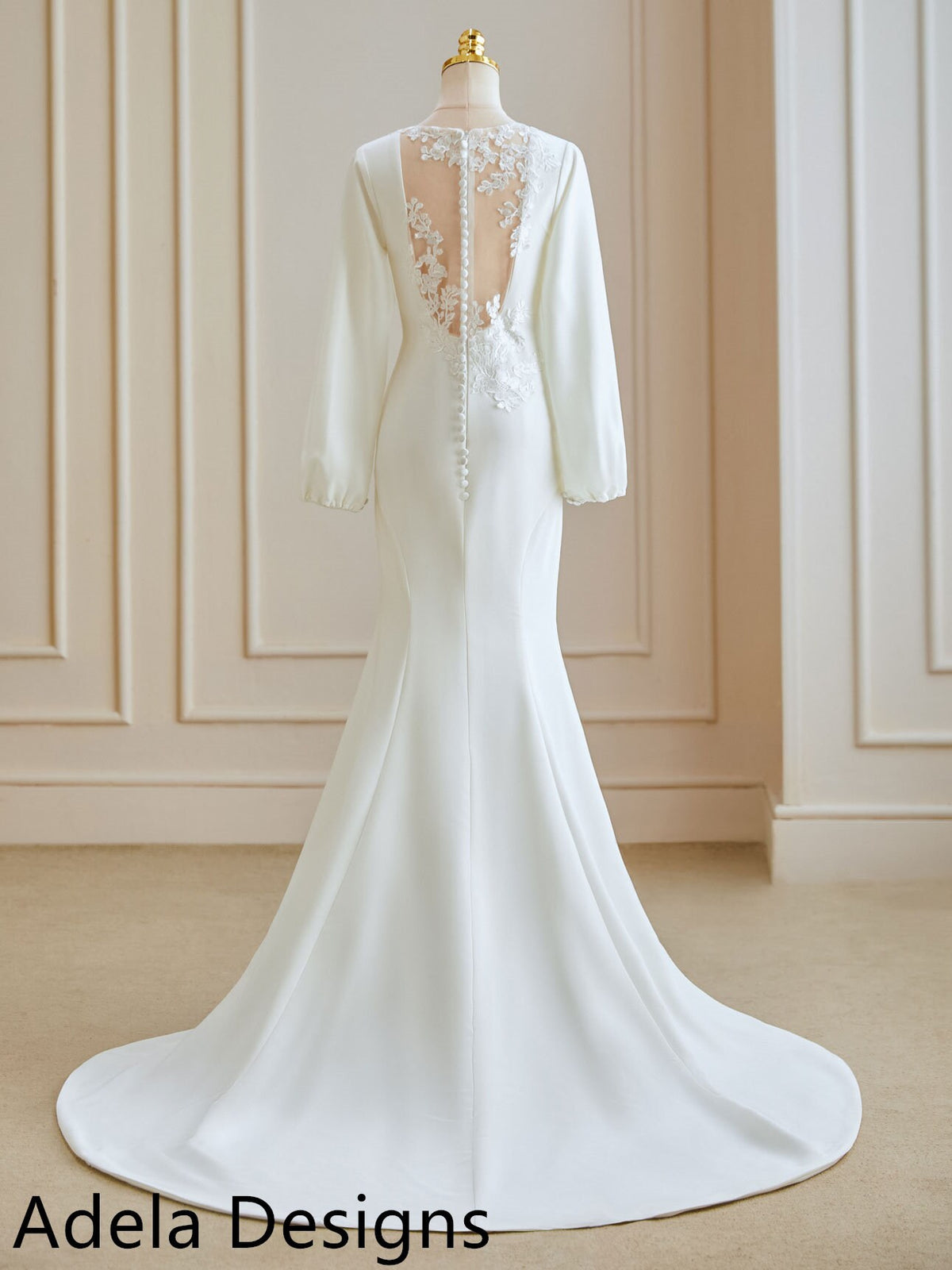 Crepe Fit And Flare Long Bishop Sleeves Simple Bridal Gown Wedding Dress Lace Back Buttons Plus Size Sexy Neckline Minimalist