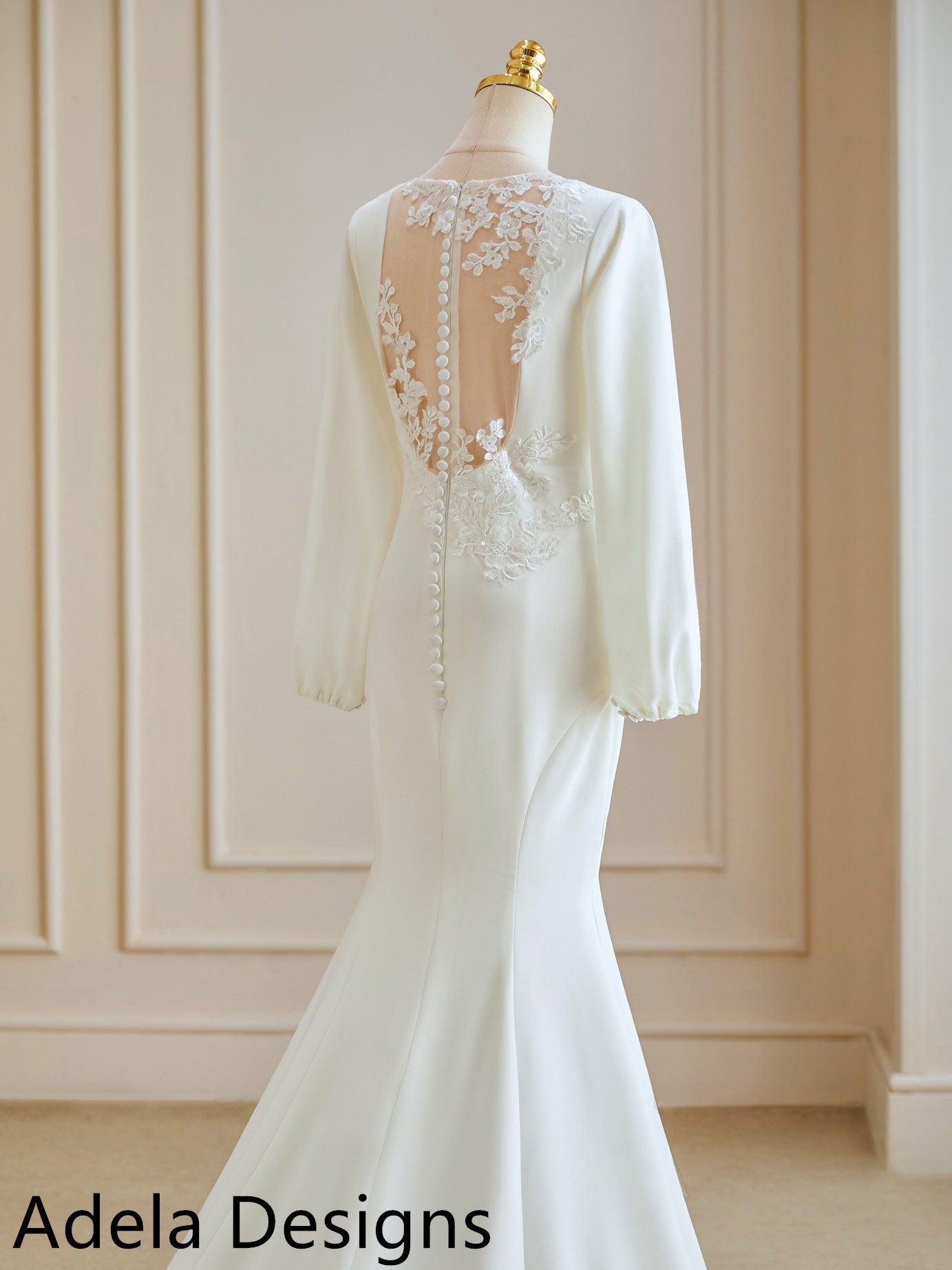 Crepe Fit And Flare Long Bishop Sleeves Simple Bridal Gown Wedding Dress Lace Back Buttons Plus Size Sexy Neckline Minimalist